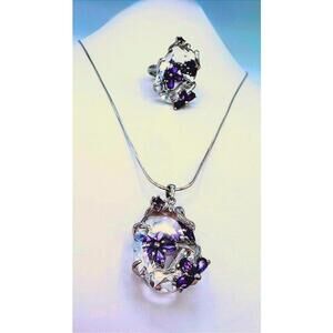 Vintage Ross Simmons 925 Silver Crystal Amethyst Pendant Necklace Crystal Ring